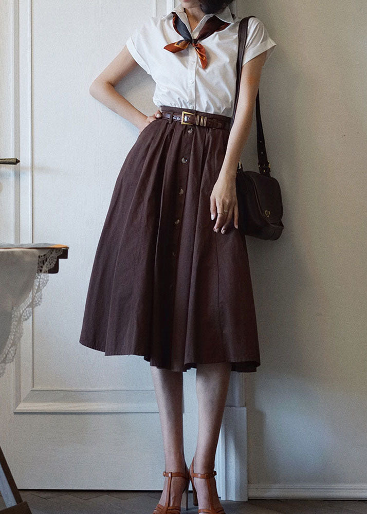 French Chocolate High Waist Single Breasted Cotton A Line Skirts Spring