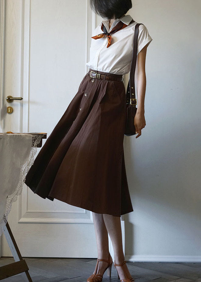 French Chocolate High Waist Single Breasted Cotton A Line Skirts Spring