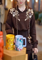 French Coffee Hooded Embroidered Patchwork Knit Two Pieces Set Long Sleeve