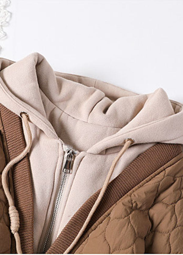 French Chocolate Hooded Patchwork Fine Cotton Filled Winter Coats