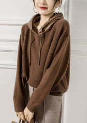 French Coffee Hooded Patchwork Wool Knit Sweaters Fall