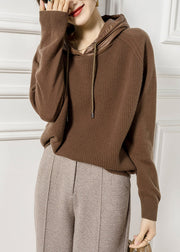 French Coffee Hooded Patchwork Wool Knit Sweaters Fall