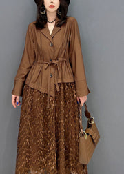 French Chocolate Notched Collar Drawstring Patchwork Tulle Silk Cinch Dress Fall