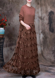 French Chocolate O-Neck Embroidered Lace Patchwork Knit Maxi Dress Long Sleeve