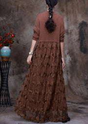 French Chocolate O-Neck Embroidered Lace Patchwork Knit Maxi Dress Long Sleeve