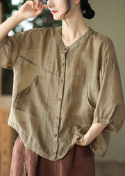 French Chocolate O Neck Patchwork Linen Blouses Summer