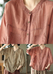 French Chocolate O Neck Patchwork Linen Blouses Summer