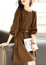 French Chocolate O-Neck Plaid Solid Color Sashes Cotton Holiday Dress Long Sleeve