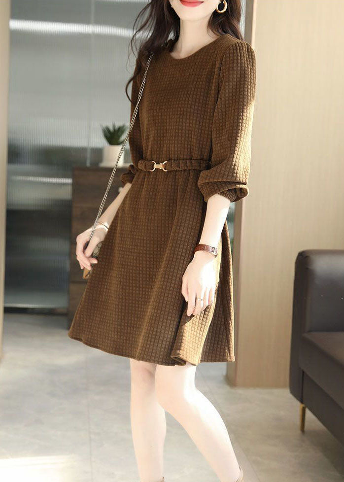 French Coffee O-Neck Plaid Solid Color Sashes Cotton Holiday Dress Long Sleeve