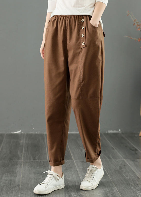 French Coffee Oversized Patchwork Button Cotton Harem Pants Summer