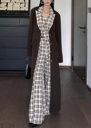 French Coffee Peter Pan Collar Button Plaid Patchwork Trench Fall