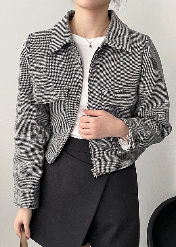 French Coffee Peter Pan Collar Pockets Coat Long Sleeve