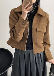 French Coffee Peter Pan Collar Pockets Coat Long Sleeve