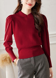 French Coffee Peter Pan Collar Puff Sleeve Patchwork Woolen Knit Pullover