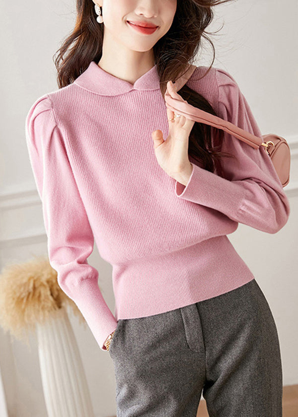 French Coffee Peter Pan Collar Puff Sleeve Patchwork Woolen Knit Pullover