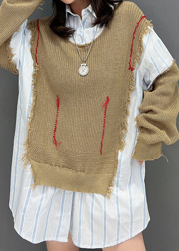 French Chocolate Peter Pan Collar Striped Patchwork Fake Two Pieces Knit Shirts Winter