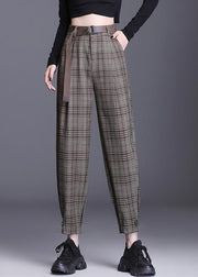 French Coffee Plaid Pockets Cotton Crop Pants Spring