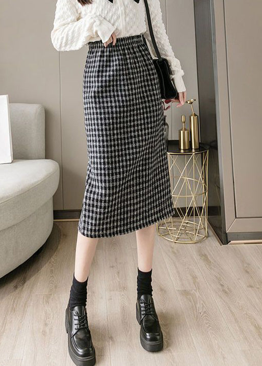 French Coffee Plaid Side Open Elastic Waist Woolen Skirts Spring