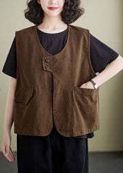 French Coffee Pockets Patchwork Cotton Vest Sleeveless