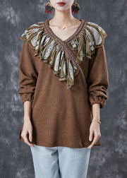French Coffee Ruffled Patchwork Knit Sweater Spring
