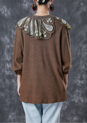 French Coffee Ruffled Patchwork Knit Sweater Spring