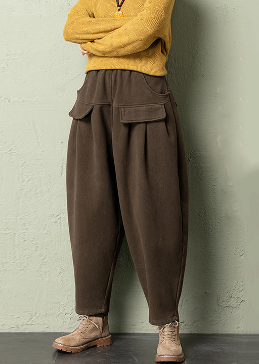 French Coffee Solid Elastic Wais Cotton Harem Pants