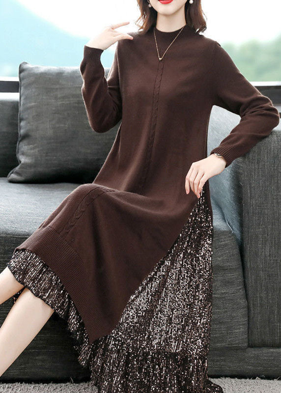French Chocolate Turtle Neck Patchwork Sequins Knit Long Sweater Dress Long Sleeve