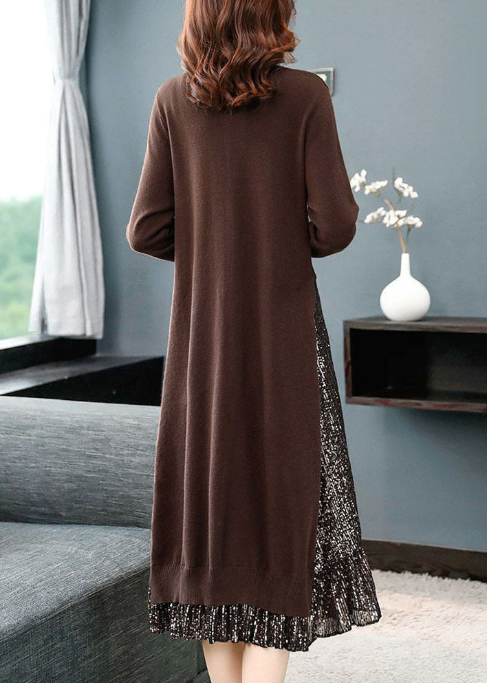 French Chocolate Turtle Neck Patchwork Sequins Knit Long Sweater Dress Long Sleeve