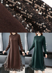 French Coffee Rollkragen-Patchwork-Pailletten-Strick-langes Pullover-Kleid mit langen Ärmeln