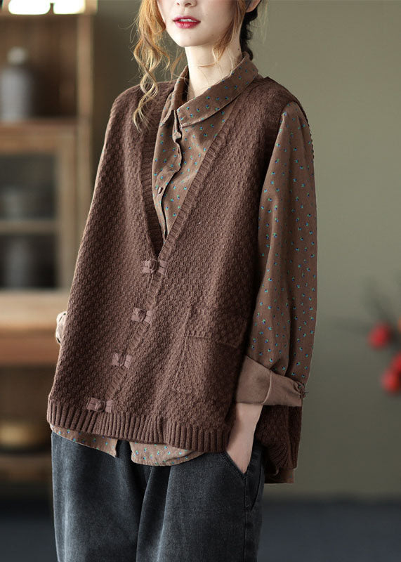 French Chocolate V Neck Chinese Button Patchwork Knit Vest Sleeveless