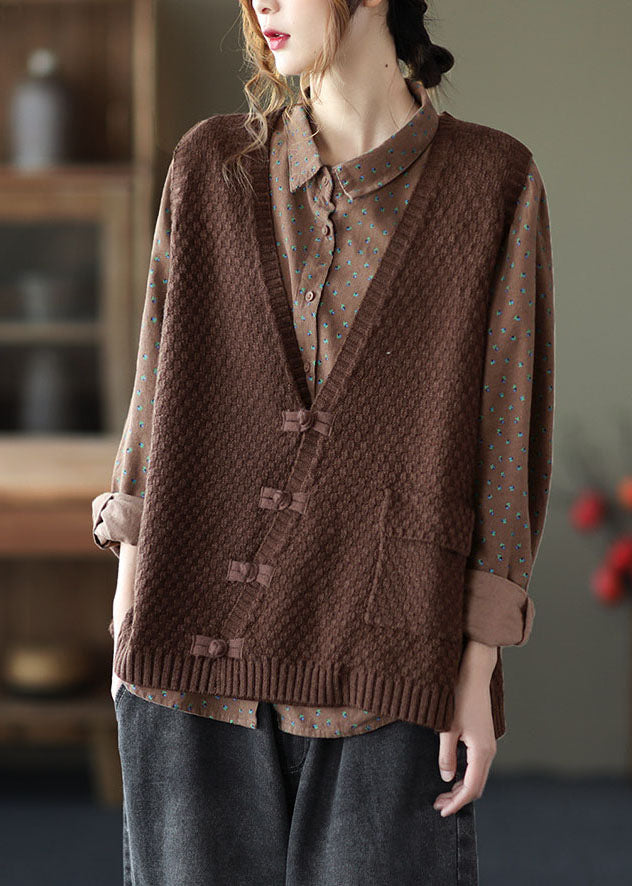 French Chocolate V Neck Chinese Button Patchwork Knit Vest Sleeveless