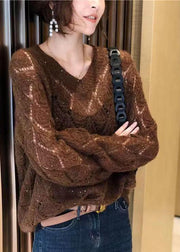 French Coffee V Neck Hollow Out Thin Knitted Tops Spring