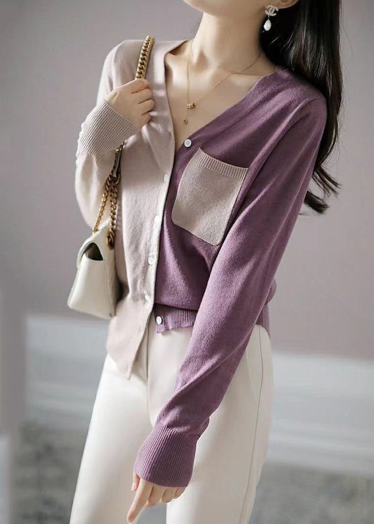 French Colorblock Asymmetrical Button Patchwork Knit Coats Long Sleeve