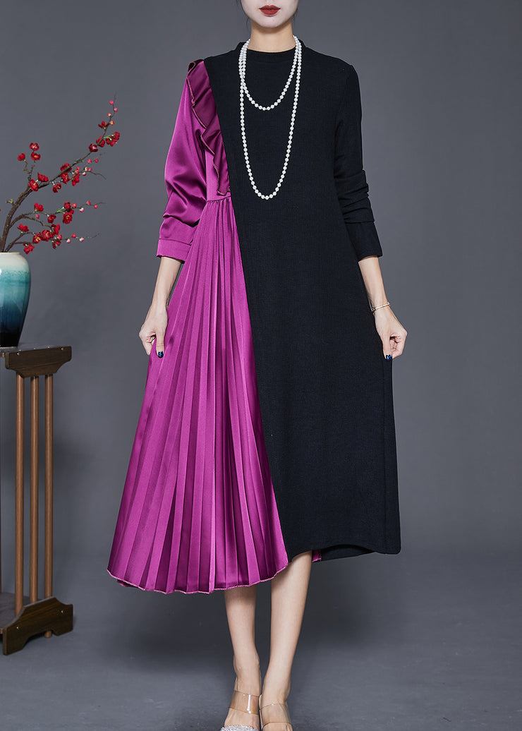 French Colorblock Asymmetrical Patchwork Wrinkled Long Knit Dress Fall