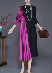 French Colorblock Asymmetrical Patchwork Wrinkled Long Knit Dress Fall