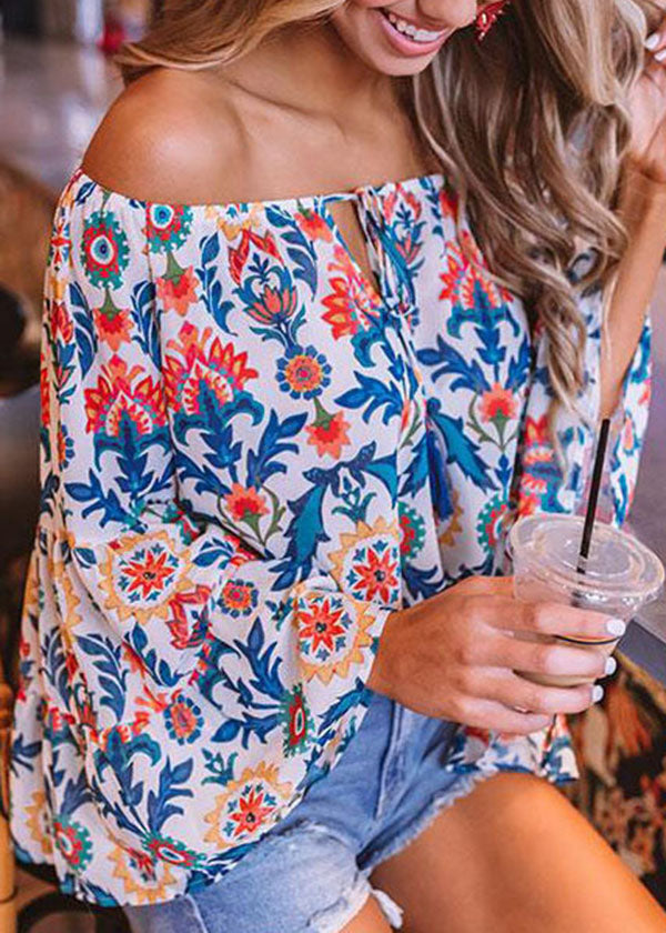 French Colorblock Cold Shoulder Print Sexy Tops Flare Sleeve