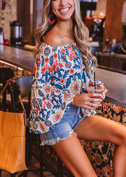 French Colorblock Cold Shoulder Print Sexy Tops Flare Ärmel