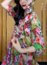 French Colorblock Hooded Print Chiffon Dress Bracelet Sleeve