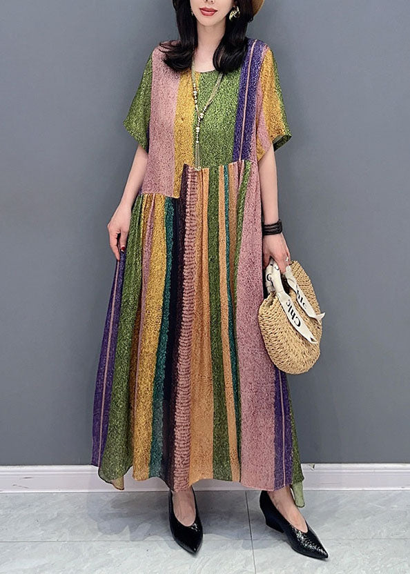French Colorblock O Neck Wrinkled Patchwork Silk Dress Summer