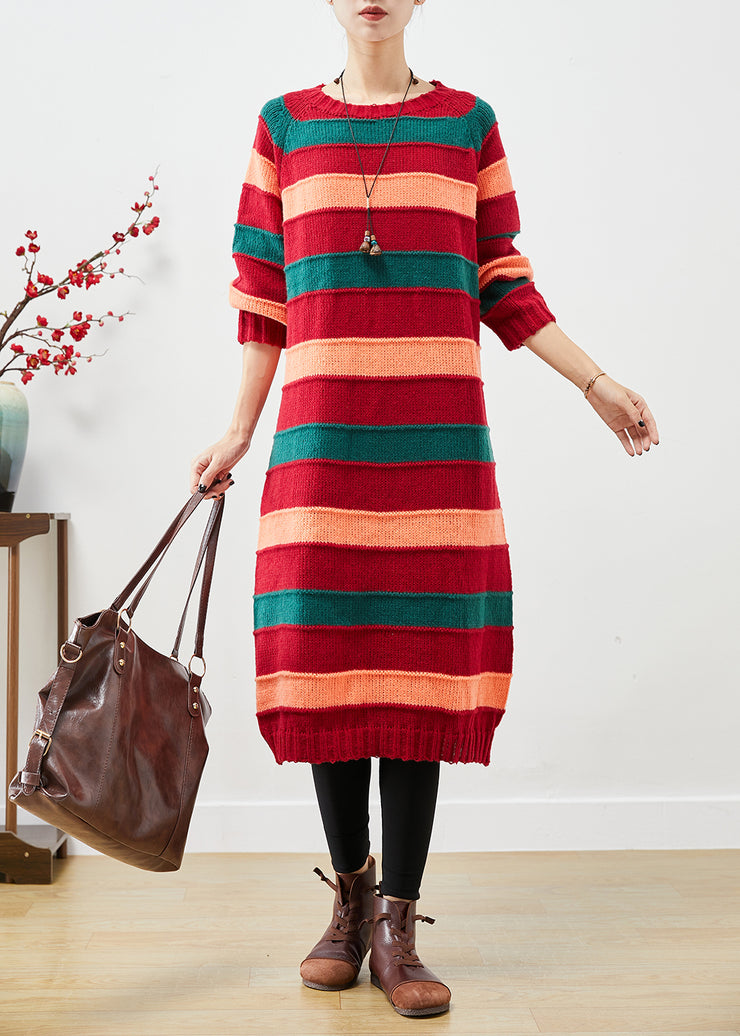 French Colorblock Oversized Striped Knit Sweater Dress Fall