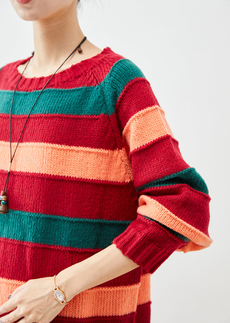 French Colorblock Oversized Striped Knit Sweater Dress Fall