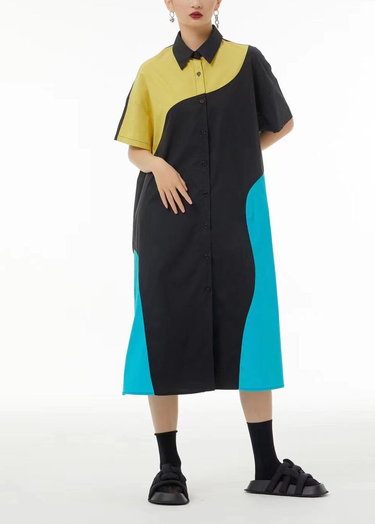 French Colorblock Peter Pan Collar Patchwork Cotton Shirt Dresses Summer