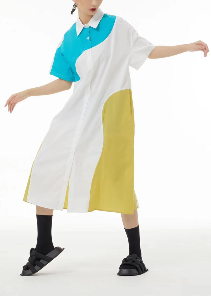 French Colorblock Peter Pan Collar Patchwork Cotton Shirt Dresses Summer
