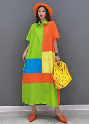 Französische Colorblock Bubikragen Patchwork Baumwolle Streetwear Kleider Kurzarm
