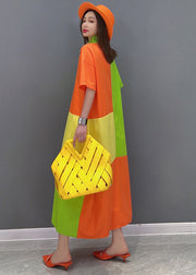Französische Colorblock Bubikragen Patchwork Baumwolle Streetwear Kleider Kurzarm
