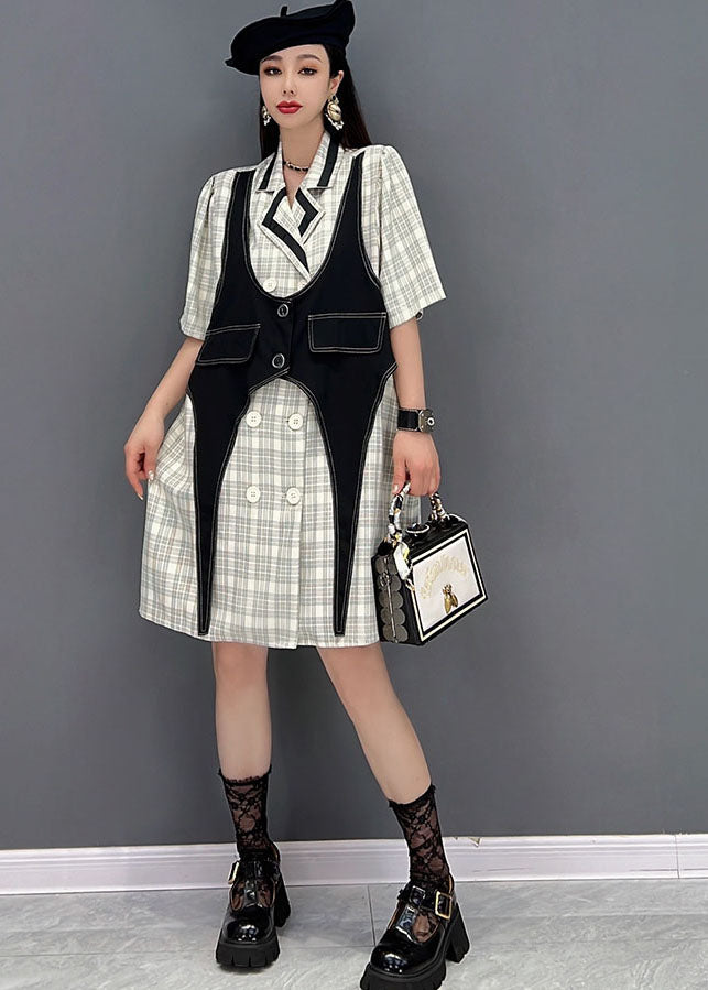 French Colorblock Peter Pan Collar Patchwork Plaid Cotton Fake Two Piece Dresses Short Sleeve