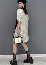 French Colorblock Peter Pan Collar Patchwork Plaid Cotton Fake Two Piece Dresses Short Sleeve