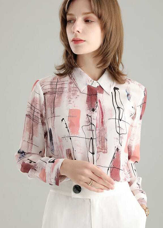 French Colorblock Peter Pan Collar Print Silk Shirt Tops Spring