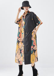 French Colorblock Print Patchwork Side Open Cotton Dresses Fall