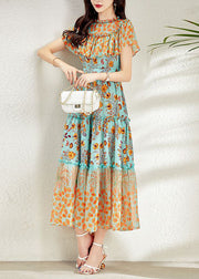 French Colorblock Ruffled Patchwork Print Silk Long Dresses Summer